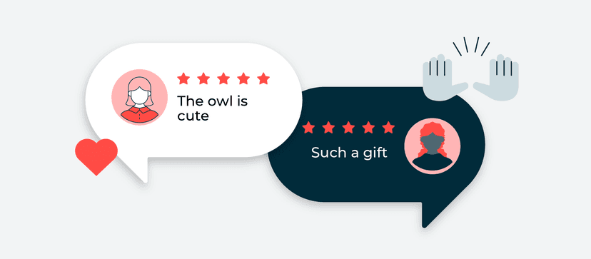 Two speech bubbles with user reviews showing 5-star ratings and comments "The owl is cute" and "Such a gift" with profile icons