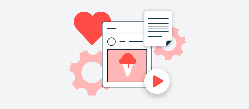 Illustration of a smiling owl in a browser window with play button, mountain photo, and heart icon surrounding it in coral red